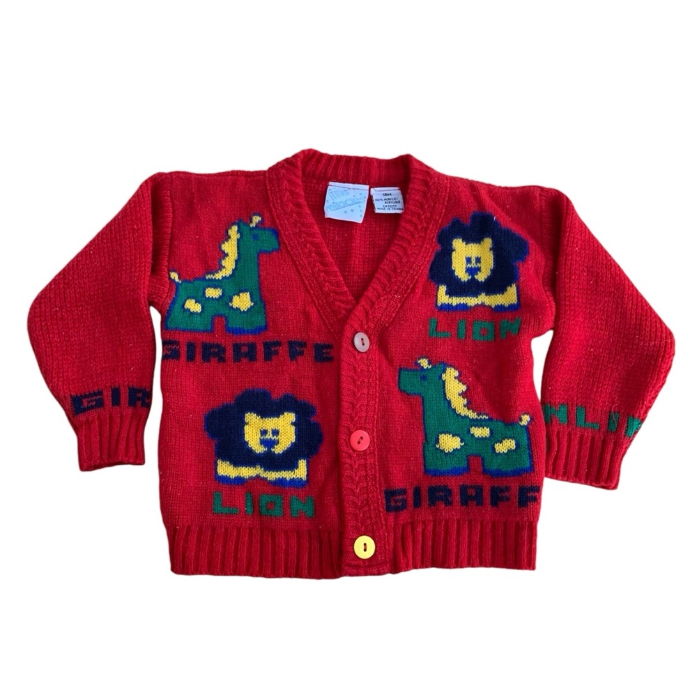 Vintage Toddler Cardigan Zoo Theme Red 18 Months